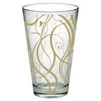 Vaso de vidrio decorado orgánico en tramas color oro, capacidad 350 ml.